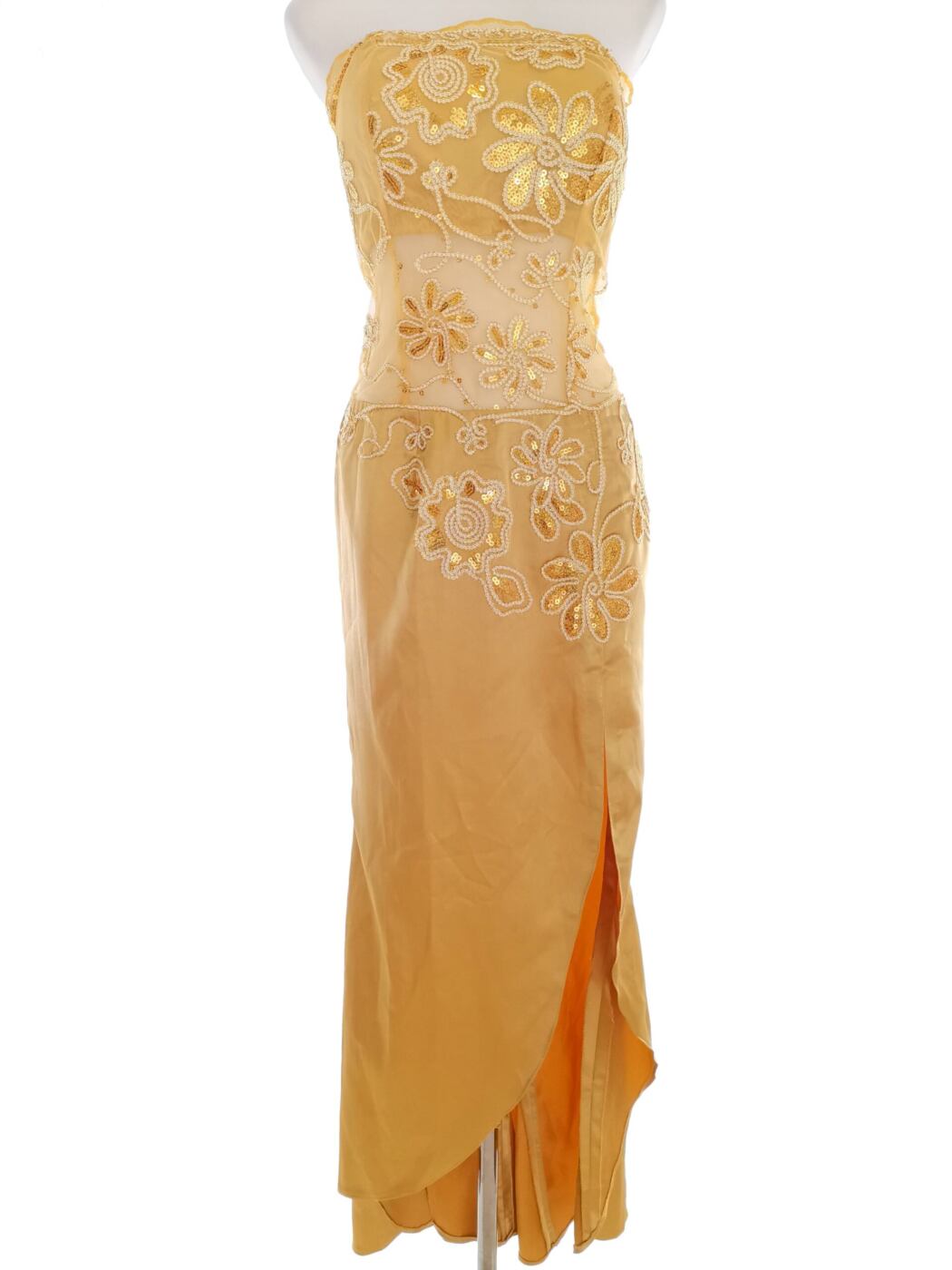 Rozmiar 34/36 Kolor Złoty Odkryte Ramiona Suknia Balowa Sukienka Wieczorowa Bezrękawnik Hi-Low