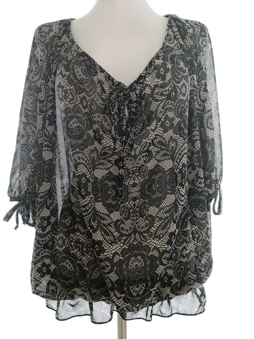 Peacocks Rozmiar 14 (42) Kolor Czarny Keyhole Crew Neck Bluzka Peplum Krótki rękaw