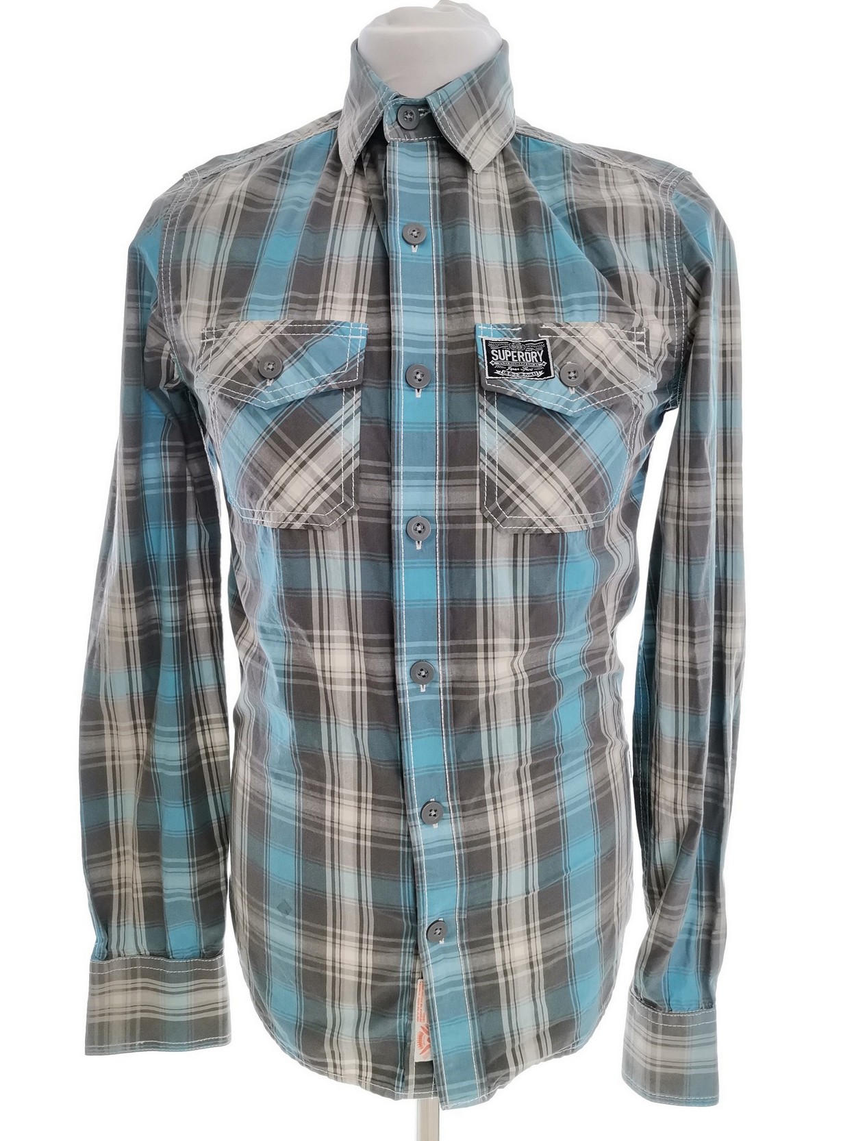 Superdry Rozmiar S Kolor Niebieski Krata Kołnierz Męska Koszula Casual Długi rękaw Materiał Bawełna 100%