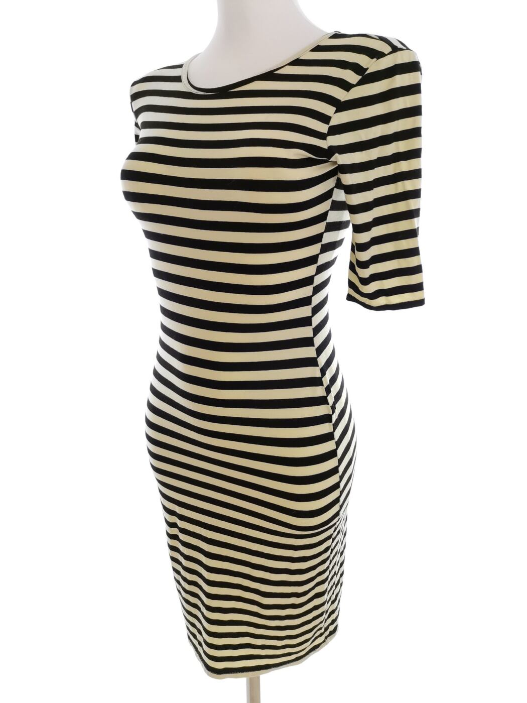Rozmiar 8 (36) Kolor Żółty Pasy Okrągły dekolt Sukienka Bodycon Krótki rękaw Do Kolan Rozmiar 8 (36) Kolor Żółty Pasy Okrągły dekolt Sukienka Bodycon Krótki rękaw Do Kolan