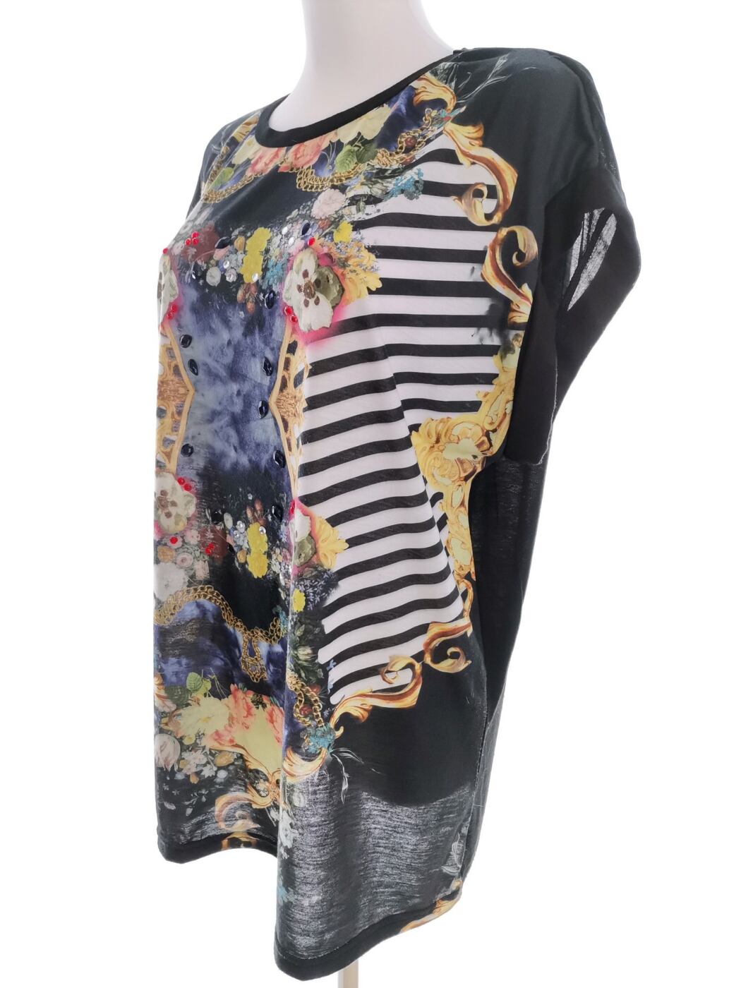River island Rozmiar 14 (42) Kolor Czarny Pasy Crew Neck Tunika Bluzka Krótki rękaw