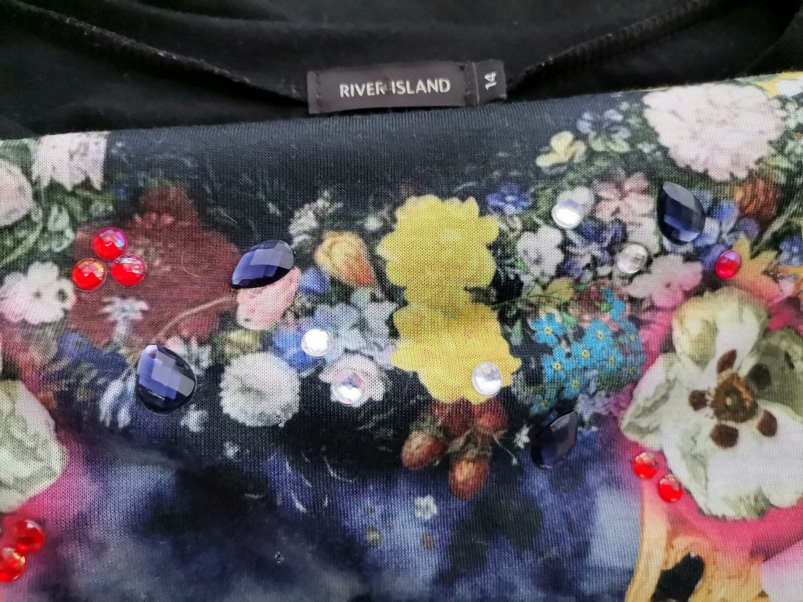 River island Rozmiar 14 (42) Kolor Czarny Pasy Crew Neck Tunika Bluzka Krótki rękaw