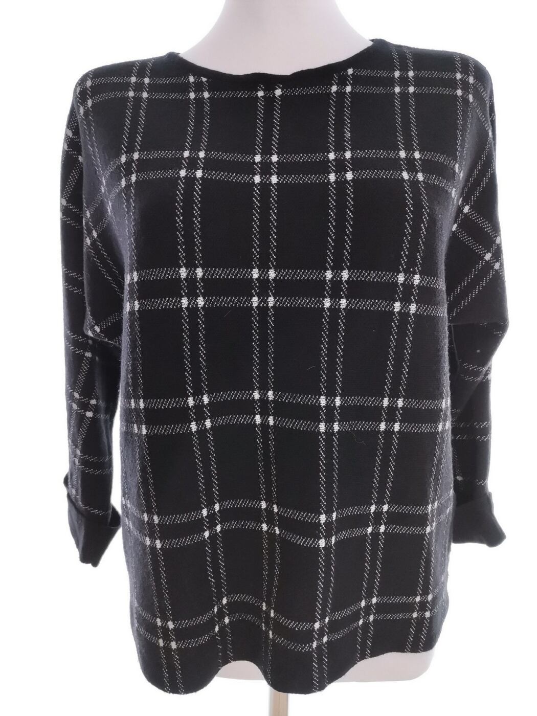 Massimo dutti Rozmiar XS Kolor Czarny Krata Crew Neck Sweter Rękaw 3/4 Materiał Wiskoza