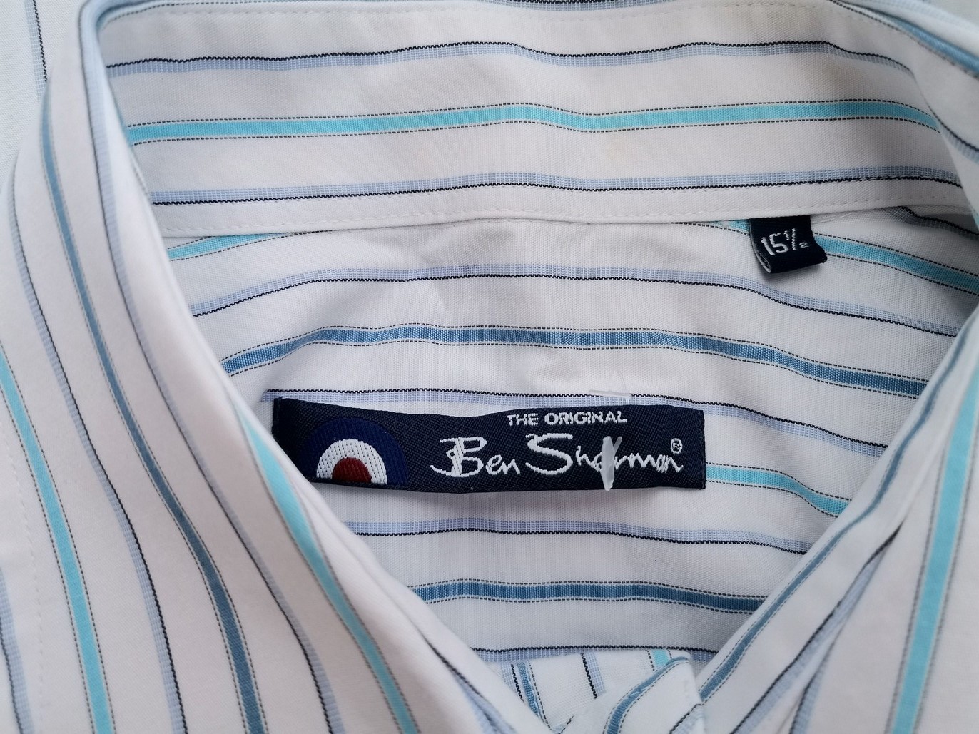 IMG_20210614_122252.jpg BEN SHERMAN Rozmiar 15.5 (38) Kolor Niebieski Pasy Kołnierz Męska Koszula Elegancka Długi rękaw Materiał Bawełna