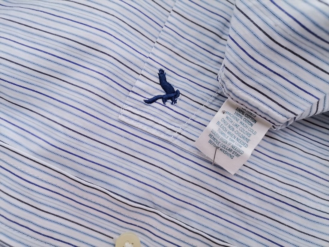 IMG_20210621_143738.jpg American Eagle Rozmiar L Kolor Niebieski Pasy Kołnierz Męska Koszula Casual Długi rękaw Materiał Bawełna 100%