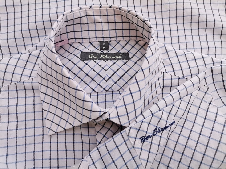 IMG_20210623_115054.jpg BEN SHERMAN Rozmiar 2 (M) Kolor Biały Krata Kołnierz Męska Koszula Casual Długi rękaw Materiał Bawełna