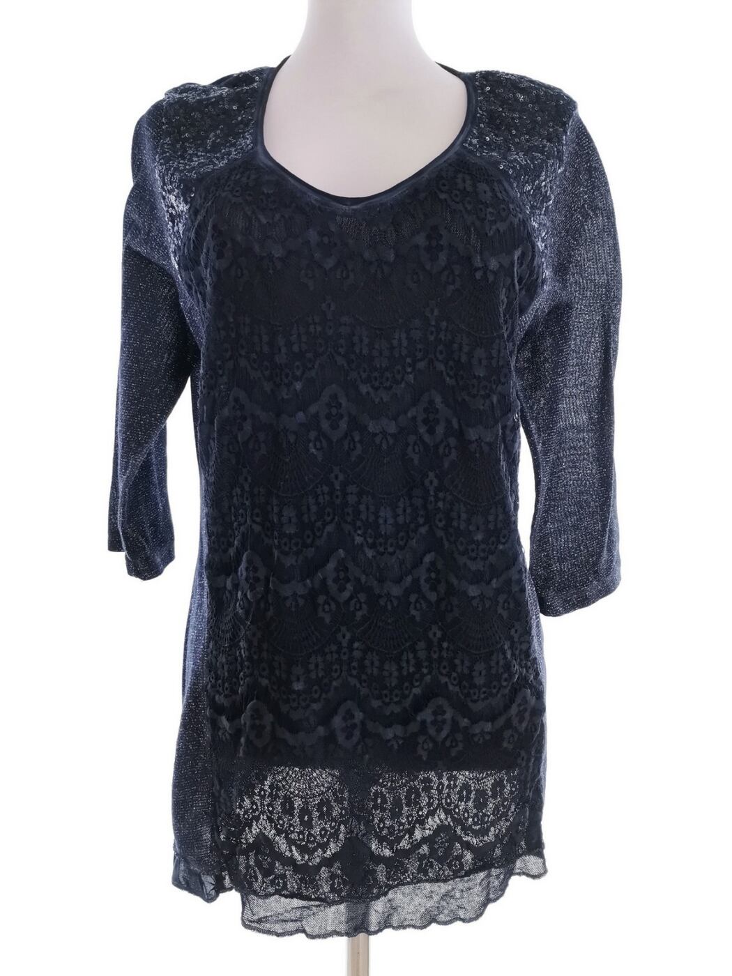 TREDY Rozmiar 40 Kolor Granatowy Damask Paisley Okrągły dekolt Tunika Bluzka Rękaw 3/4 Materiał Bawełna 100%