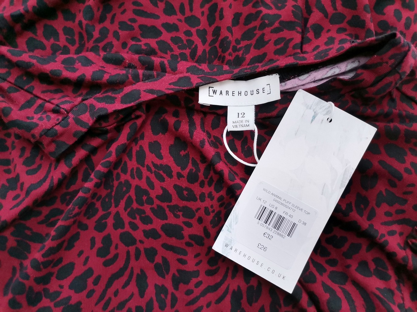 Warehouse Rozmiar 12 (40) Kolor Bordowy Panterka Crew Neck Bluzka Długi rękaw Materiał Wiskoza