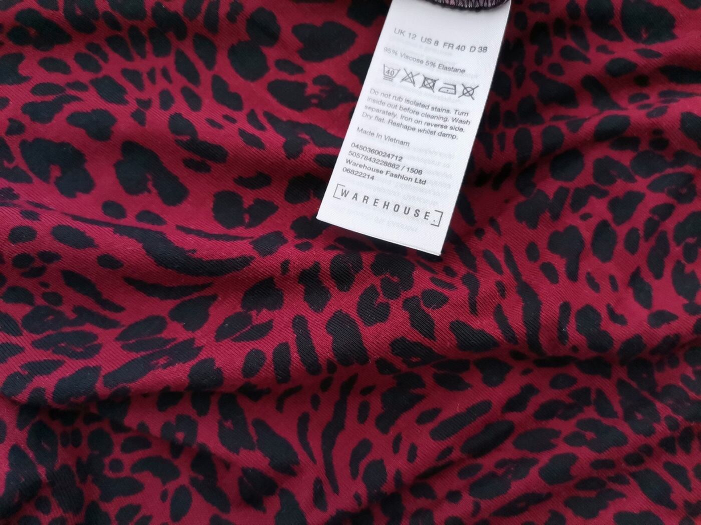 Warehouse Rozmiar 12 (40) Kolor Bordowy Panterka Crew Neck Bluzka Długi rękaw Materiał Wiskoza