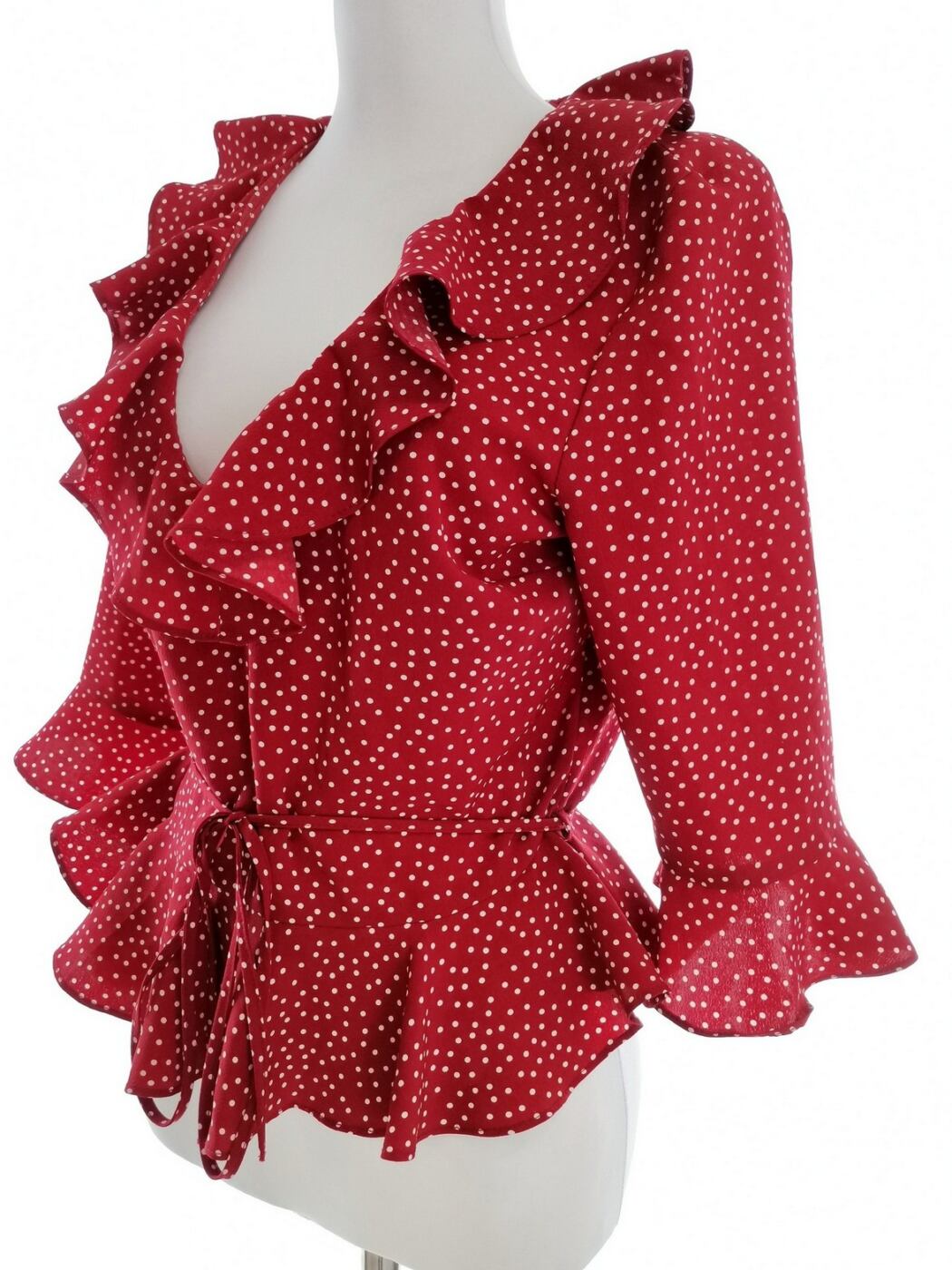 IMG_20210628_154546.jpg Topshop Rozmiar 38 Kolor Bordowy Grochy W serek Bluzka Peplum Rękaw 3/4