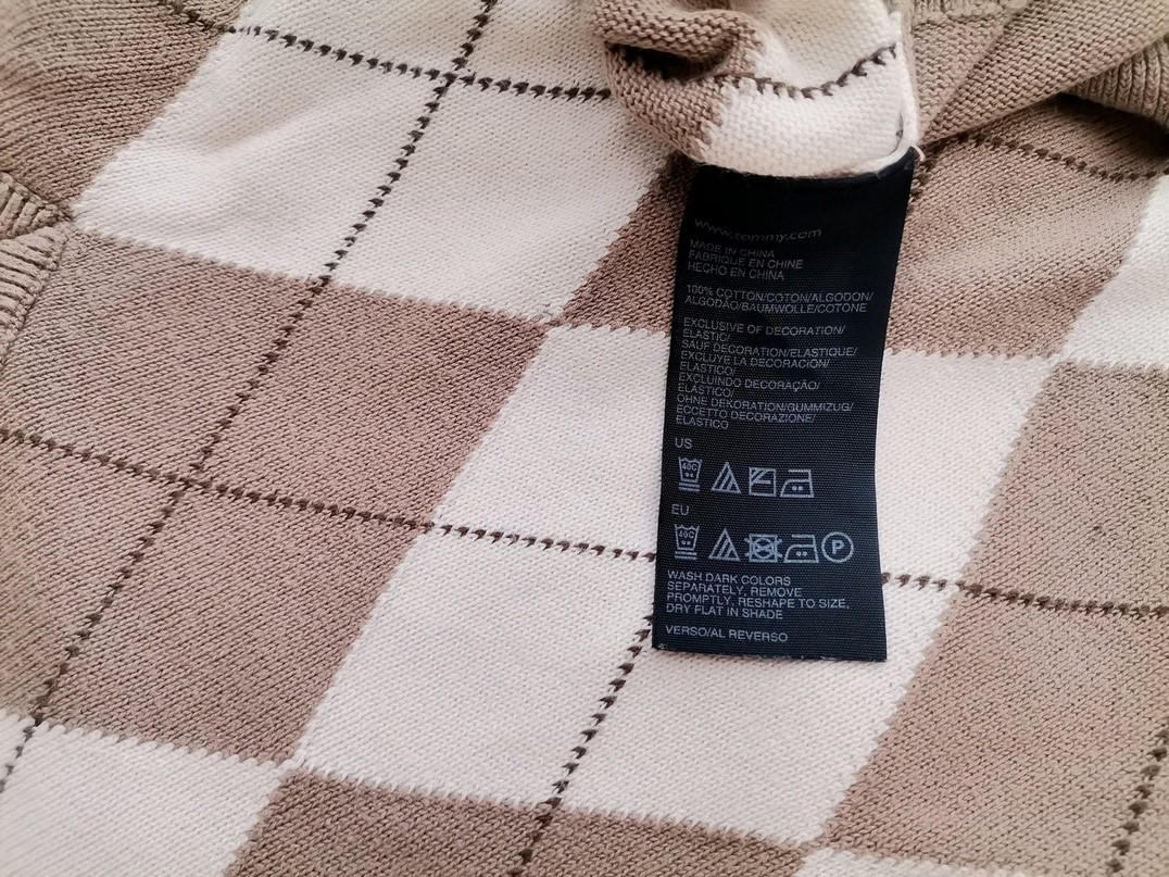 Tommy hilfiger Rozmiar S Kolor Beżowy Krata W serek Sweter Długi rękaw Materiał Bawełna 100% Cienka dzianina
