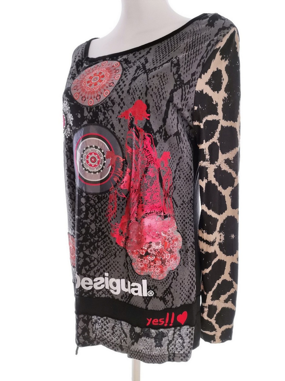 DESIGUAL Rozmiar 38/40 Kolor Czarny Geometryczny W łódkę Tunika Bluzka Długi rękaw