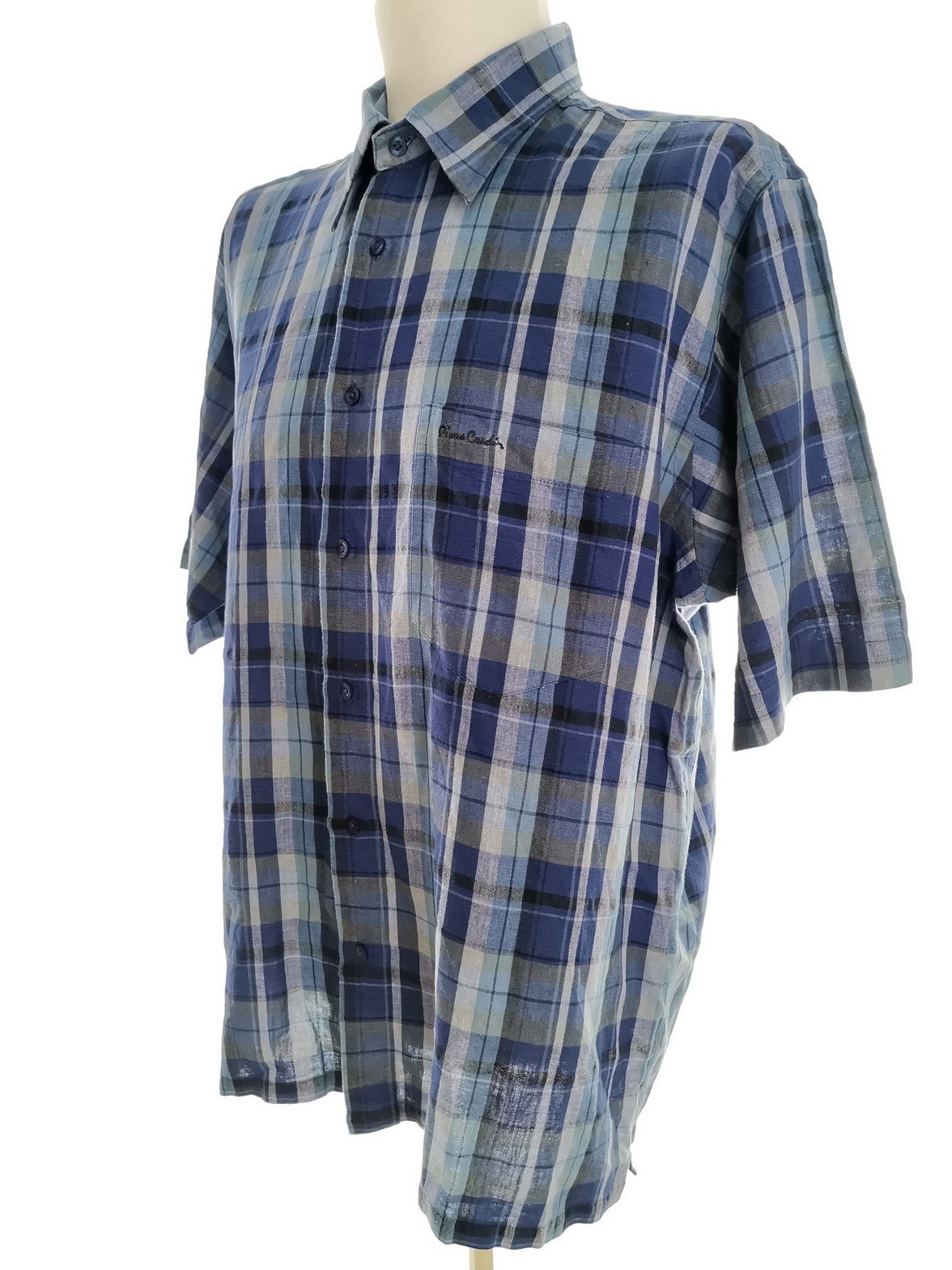 Pierre Cardin Rozmiar XL Kolor Niebieski Krata Kołnierz Męska Koszula Casual Krótki rękaw Materiał Len