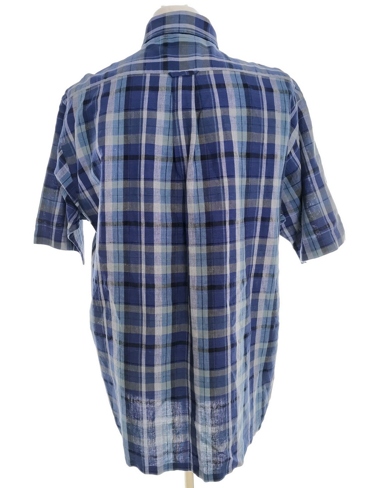Pierre Cardin Rozmiar XL Kolor Niebieski Krata Kołnierz Męska Koszula Casual Krótki rękaw Materiał Len