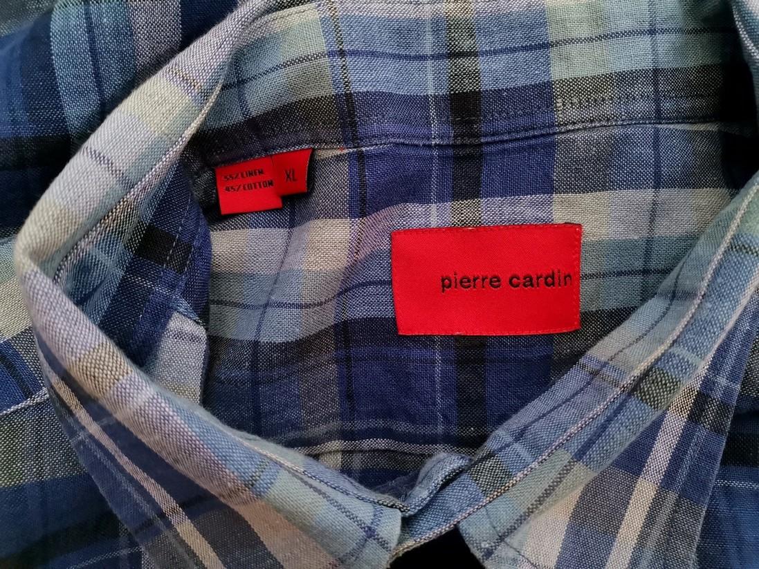 Pierre Cardin Rozmiar XL Kolor Niebieski Krata Kołnierz Męska Koszula Casual Krótki rękaw Materiał Len