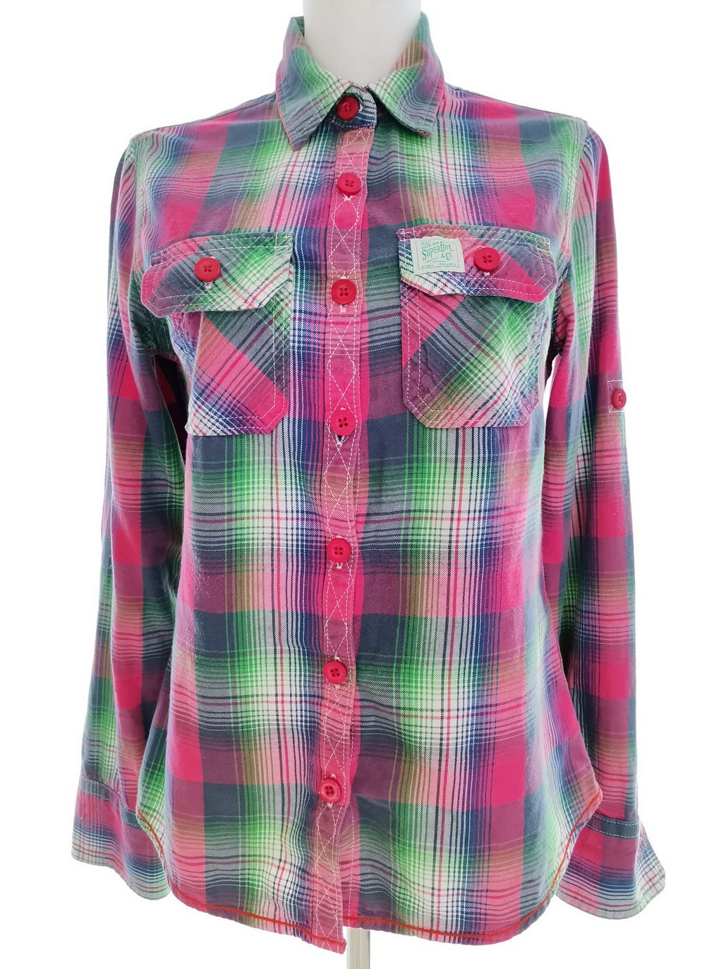 Superdry Rozmiar S Kolor Różowy Krata Kołnierz Koszula Zapinana Bluzka Długi rękaw Materiał Bawełna 100%