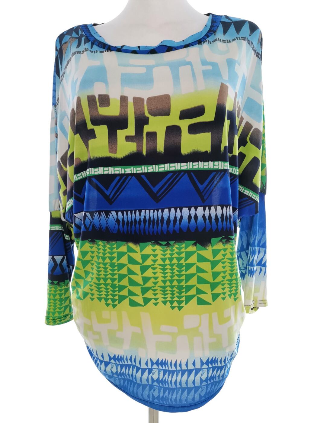 Vintage Rozmiar 42/44 Kolor Niebieski Geometryczny Okrągły dekolt Tunika Bluzka Rękaw 3/4
