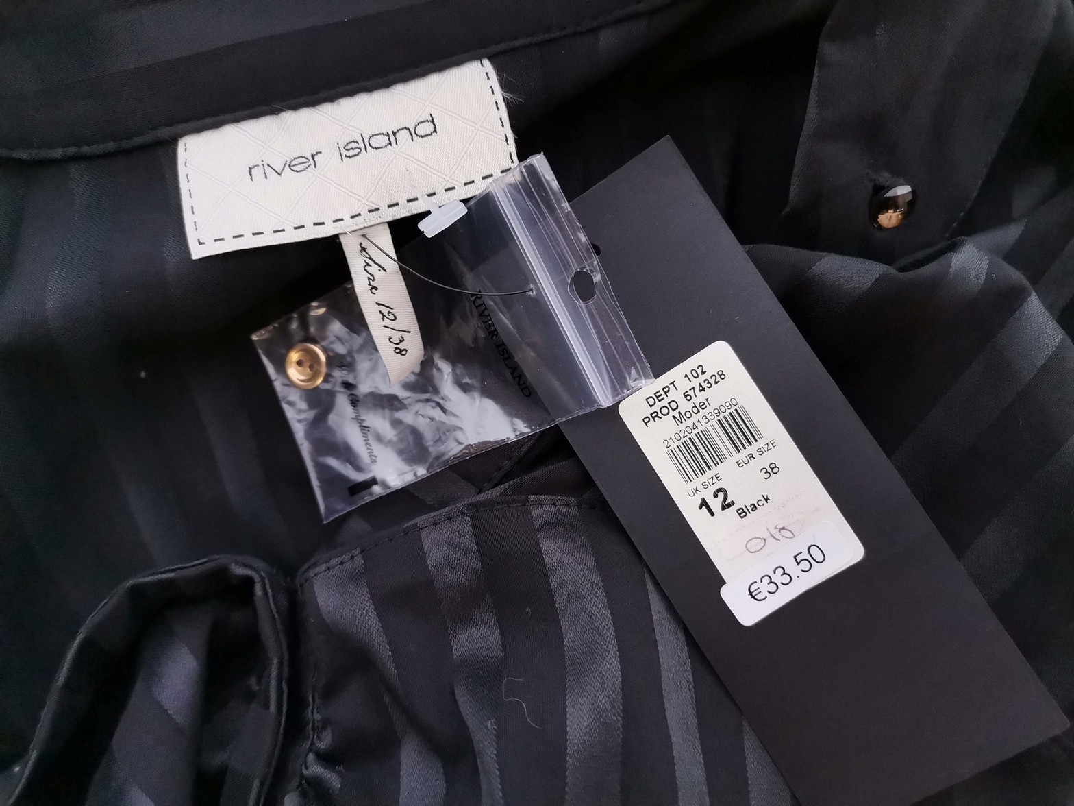 River island Rozmiar 12 (38) Kolor Czarny Pasy Kołnierz Bluzka Zapinana Krótki rękaw