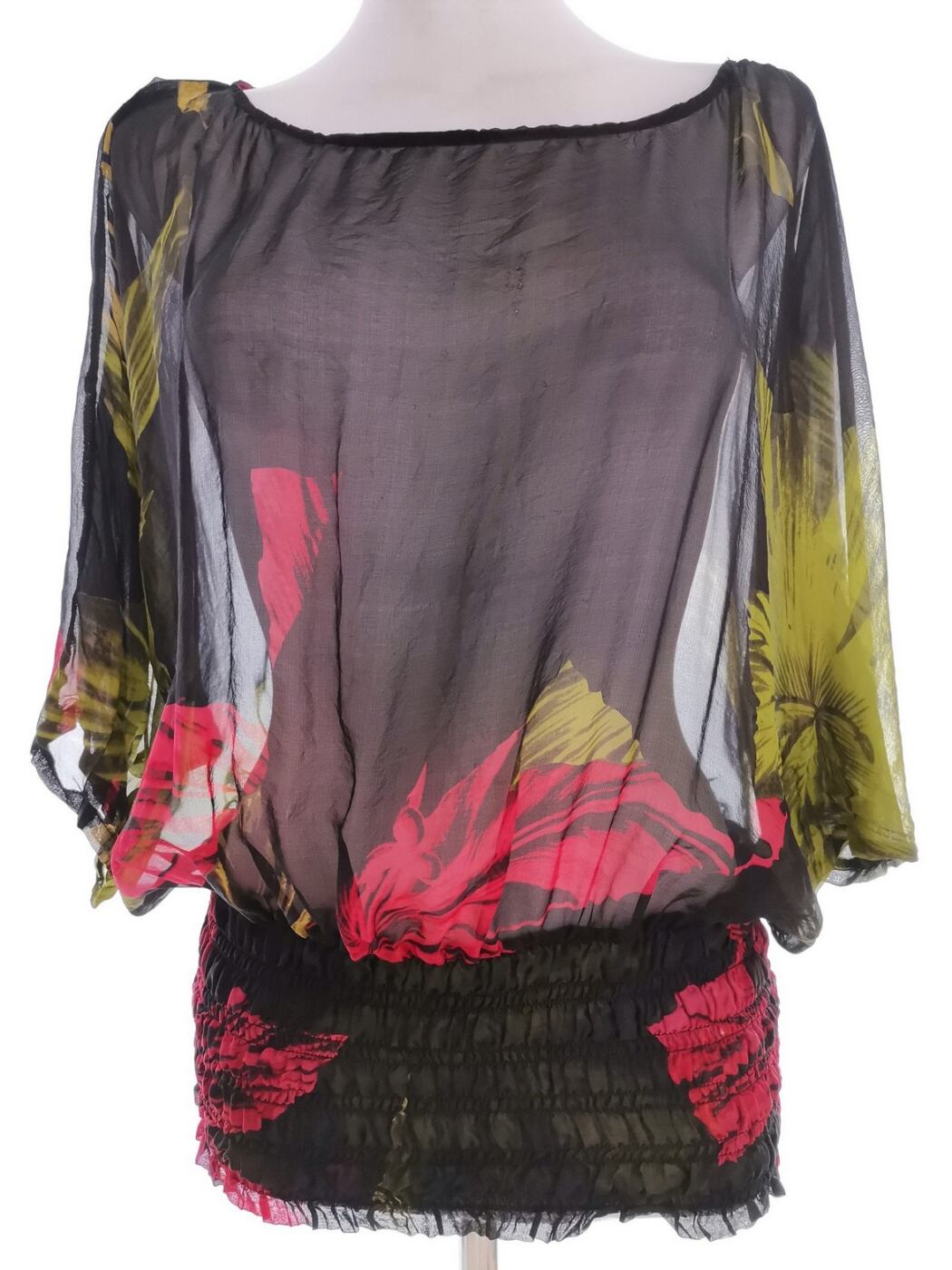 Almost Famous Rozmiar 10 (38) Kolor Czarny Roślinny Liście W łódkę Bluzka Rękaw 3/4 Materiał Jedwab 100%