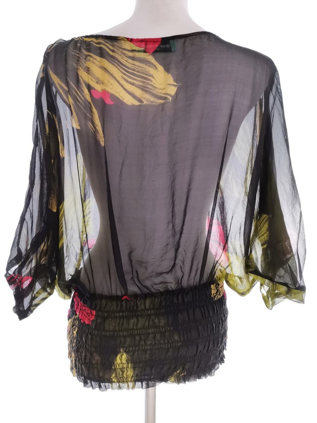 Almost Famous Rozmiar 10 (38) Kolor Czarny Roślinny Liście W łódkę Bluzka Rękaw 3/4 Materiał Jedwab 100%