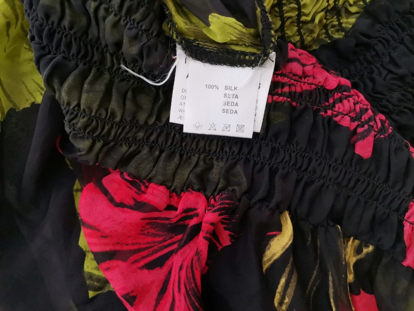 Almost Famous Rozmiar 10 (38) Kolor Czarny Roślinny Liście W łódkę Bluzka Rękaw 3/4 Materiał Jedwab 100%