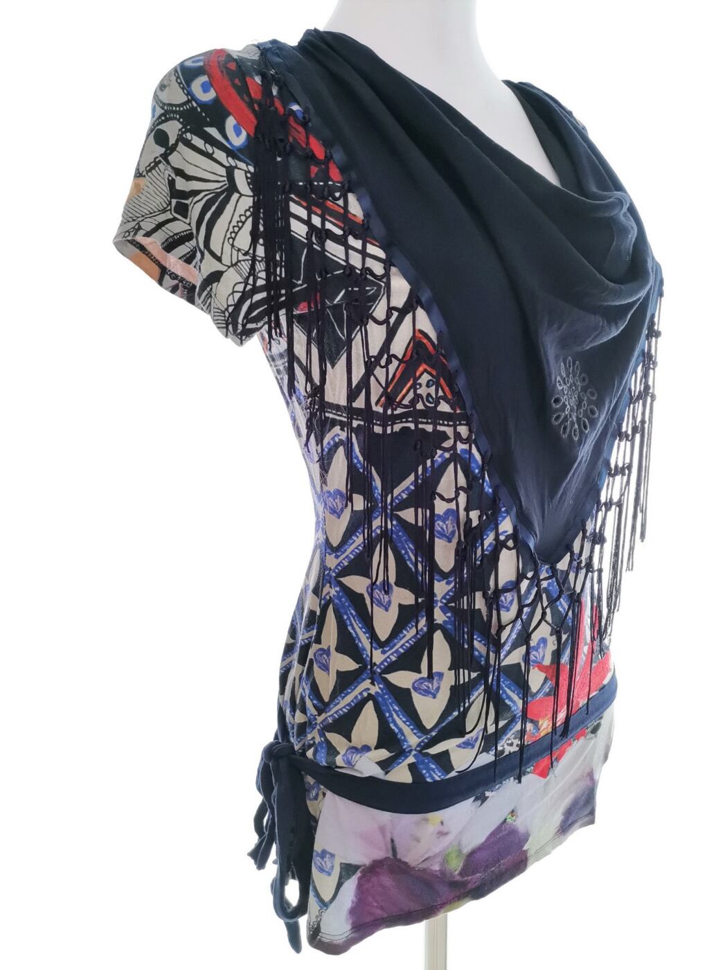 DESIGUAL Rozmiar M Kolor Granatowy Drapowany dekolt Tunika Bluzka Krótki rękaw Materiał Wiskoza 100%