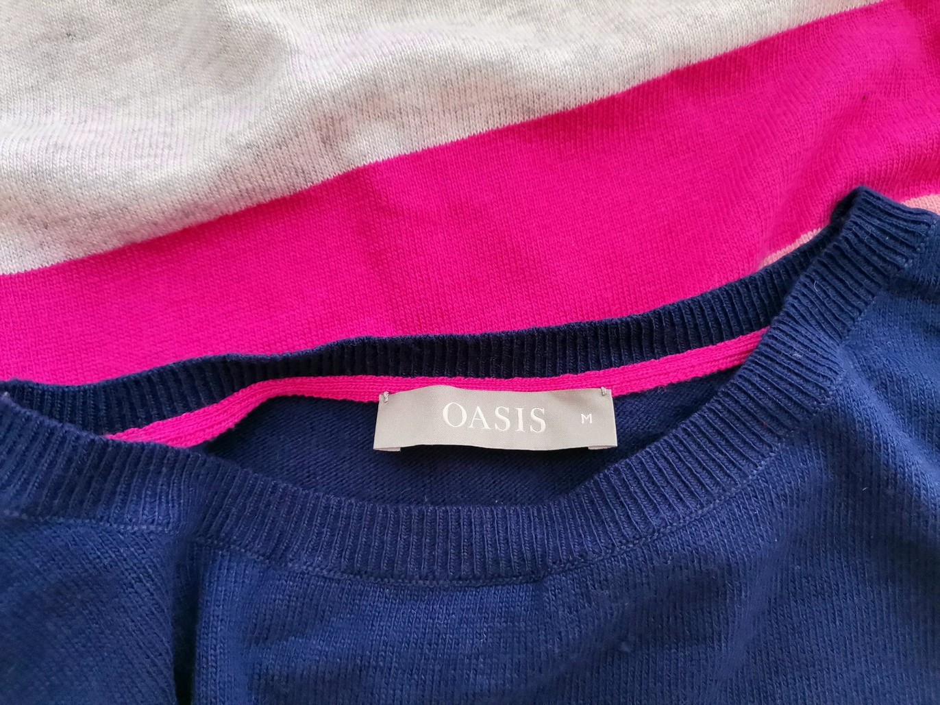 IMG_20210714_112254.jpg Oasis Rozmiar M Kolor Granatowy Pasy Crew Neck Długi Sweter Tunika Długi rękaw Cienka dzianina