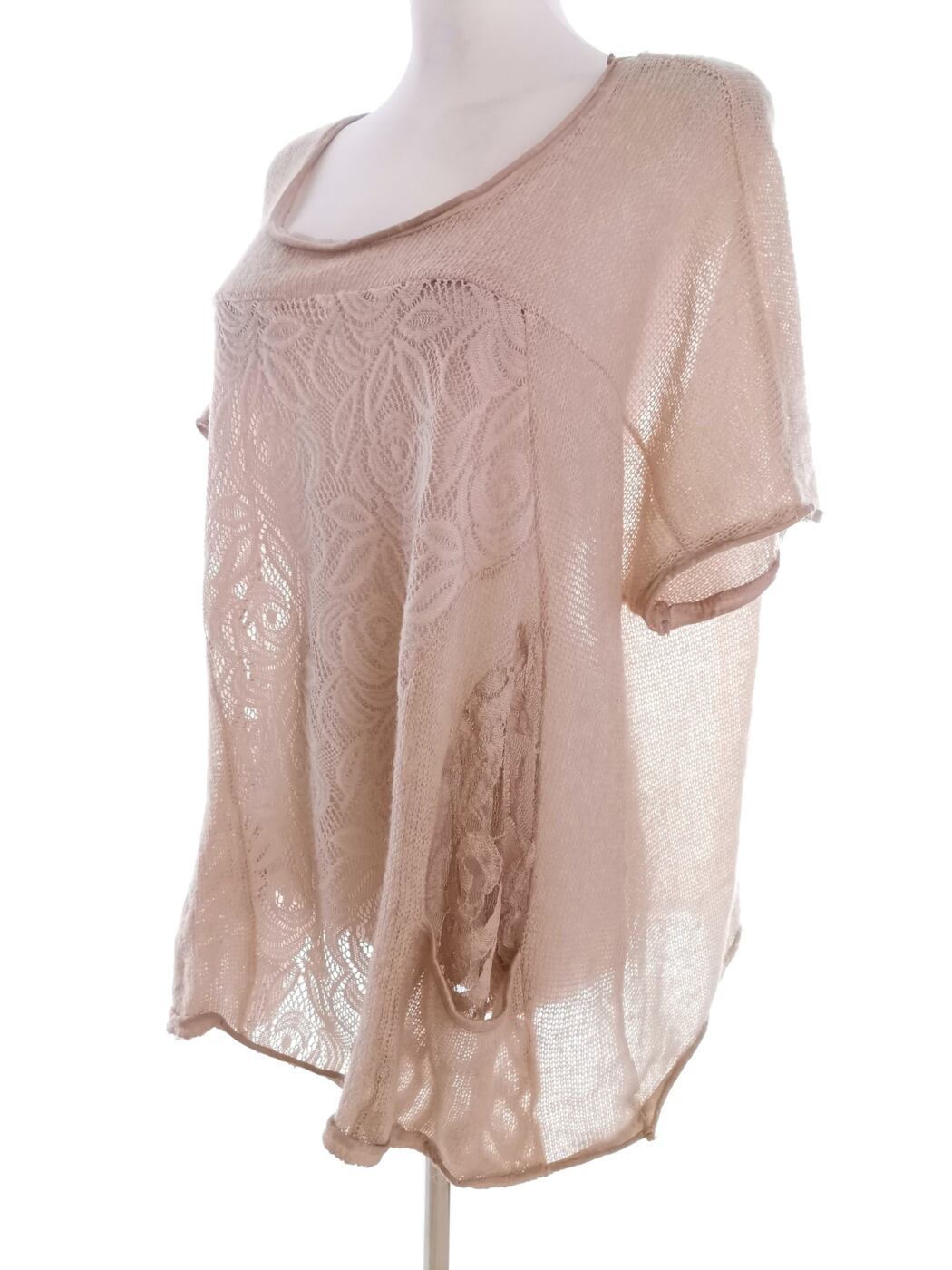 Vintage Rozmiar 46/48 Kolor Beżowy Okrągły dekolt Tunika Bluzka Krótki rękaw Vintage Rozmiar 46/48 Kolor Beżowy Okrągły dekolt Tunika Bluzka Krótki rękaw