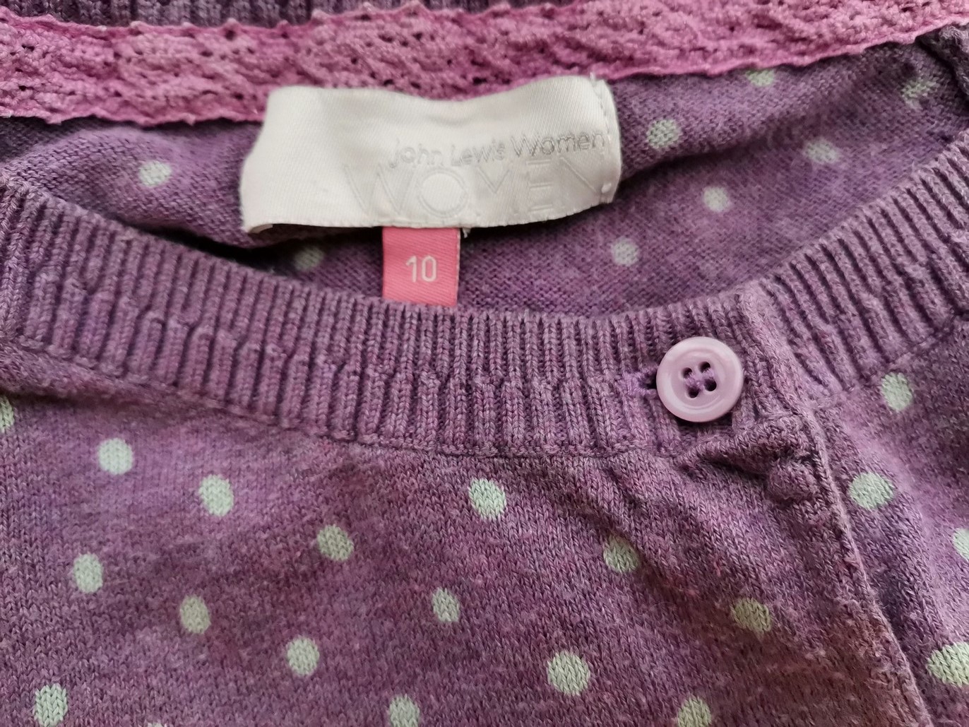 IMG_20210719_122126.jpg John Lewis Rozmiar 10 (38) Kolor Fioletowy Grochy Crew Neck Bluzka Zapinana Rękaw 3/4 Materiał Bawełna 100%