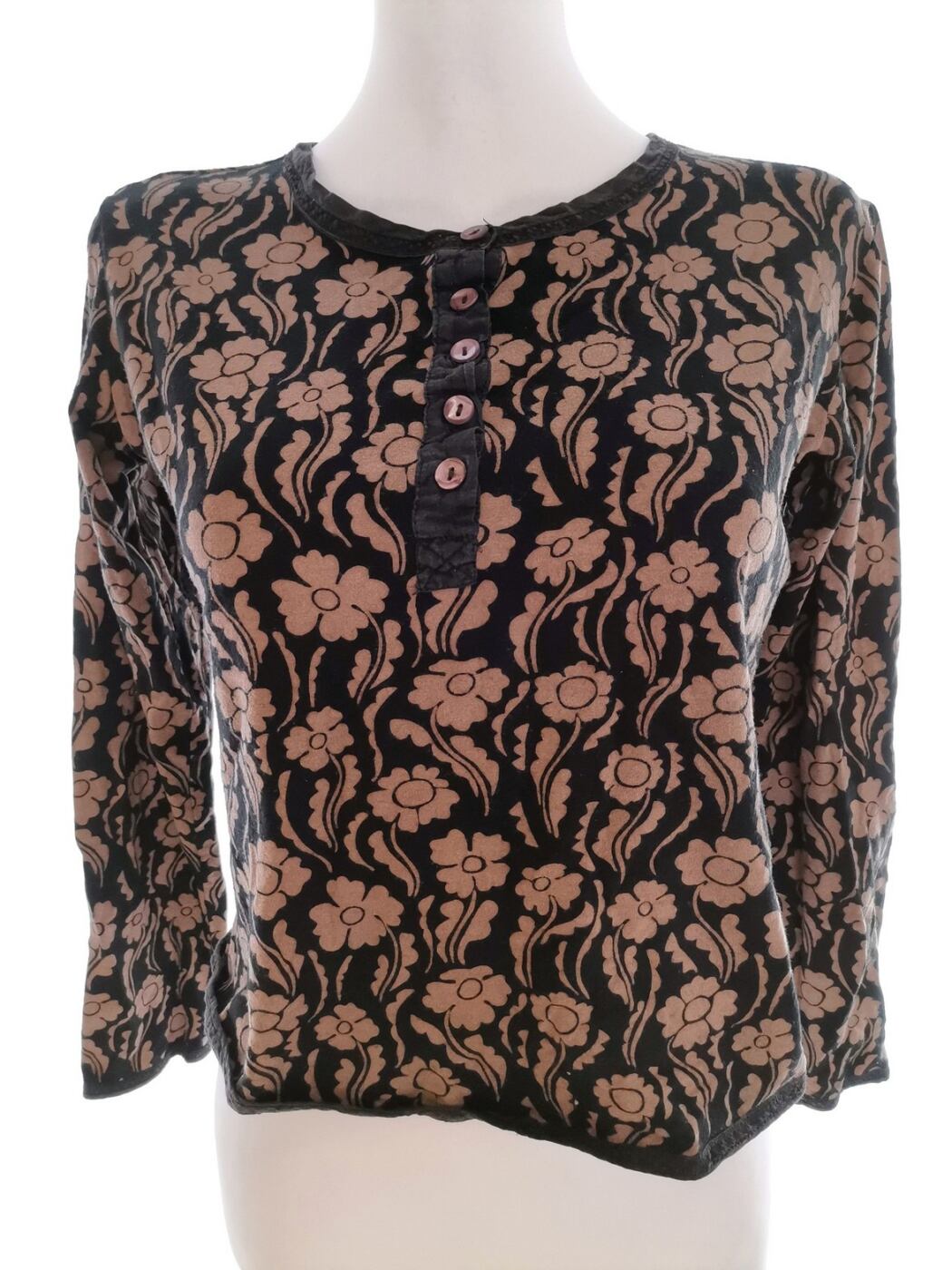 Gudrun Sjödén Rozmiar M Kolor Czarny Crew Neck Bluzka Popover Guziki Długi rękaw Materiał Wiskoza