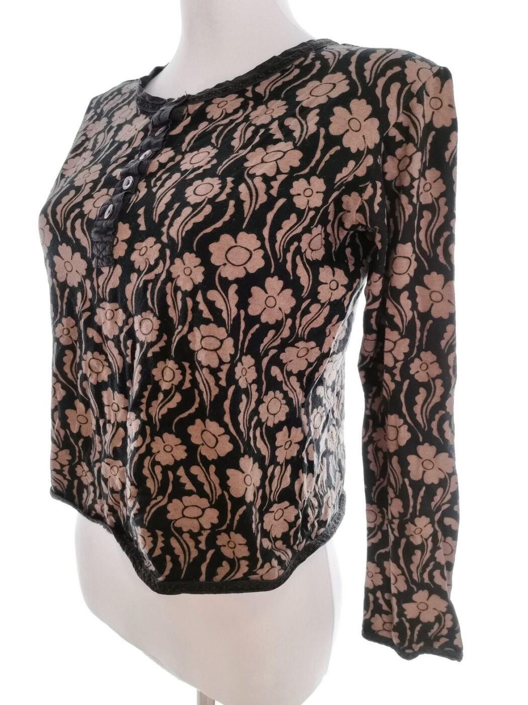 Gudrun Sjödén Rozmiar M Kolor Czarny Crew Neck Bluzka Popover Guziki Długi rękaw Materiał Wiskoza
