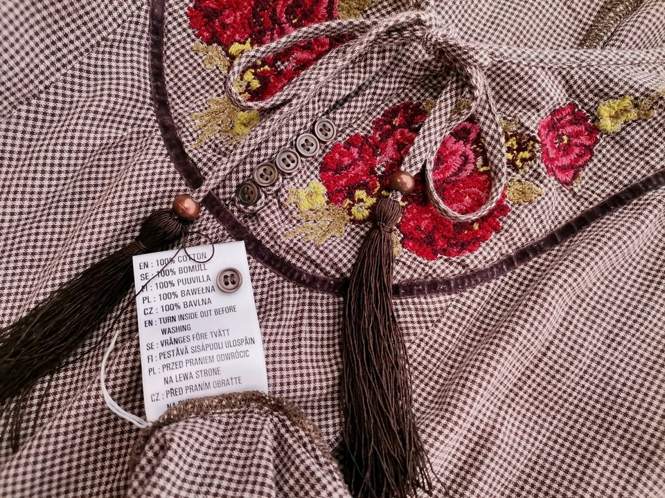 Kappahl Rozmiar 34/36 Kolor Brązowy Krata Keyhole Crew Neck Sukienka Prostokątna Rękaw 3/4 Do Kolan Materiał Bawełna 100%