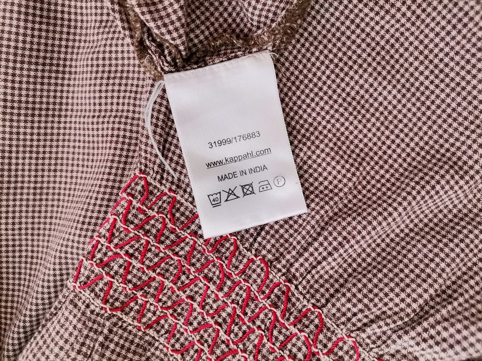 Kappahl Rozmiar 34/36 Kolor Brązowy Krata Keyhole Crew Neck Sukienka Prostokątna Rękaw 3/4 Do Kolan Materiał Bawełna 100%
