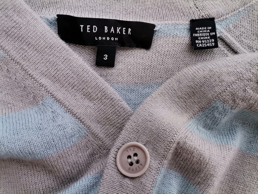 IMG_20210726_110938.jpg Ted Baker Rozmiar 3 (L) Kolor Szary Pasy Męski Sweter Rozpinany Długi rękaw Materiał Wełna