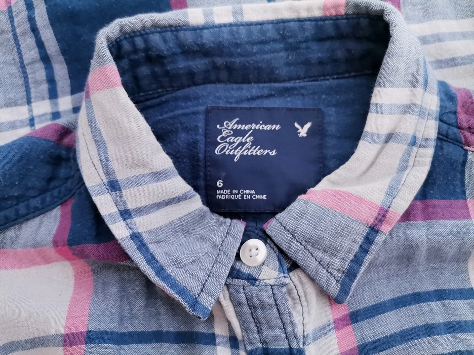 IMG_20210802_145231.jpg American Eagle Rozmiar 6 (34) Kolor Niebieski Krata Kołnierz Koszula Zapinana Bluzka Długi rękaw Materiał Bawełna 100%