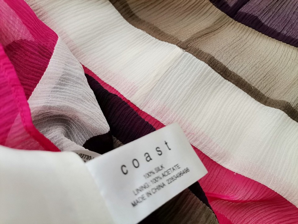 Coast Rozmiar 12 (40) Kolor Różowy Pasy Spódnica Rozkloszowana Midi Materiał Jedwab 100%