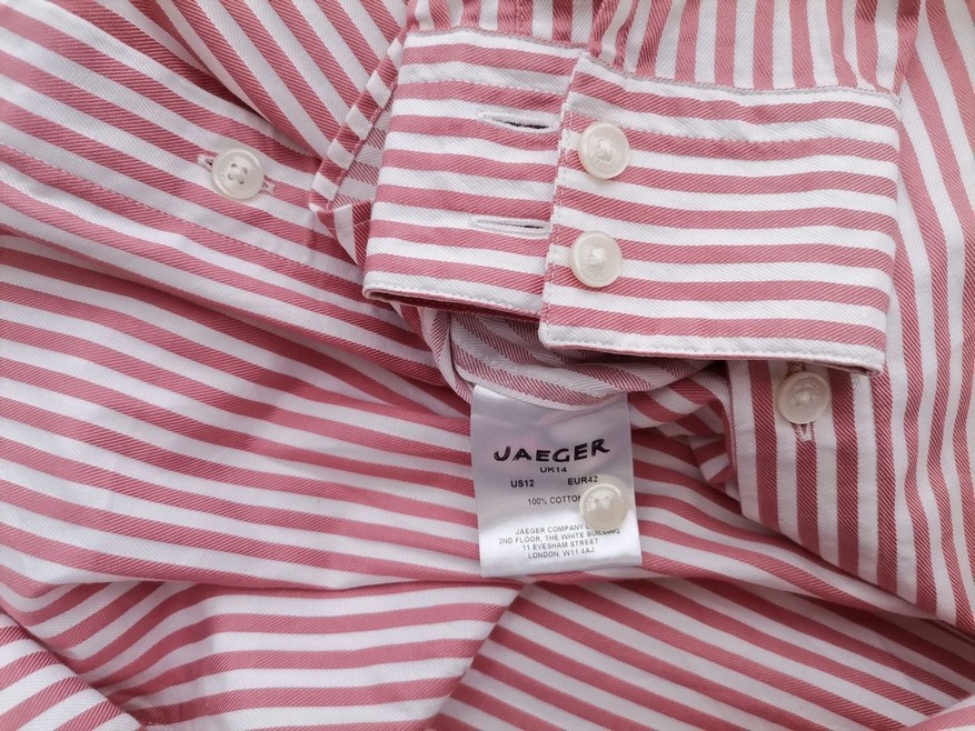 IMG_20210825_111822.jpg Jaeger Rozmiar 14 (42) Kolor Różowy Pasy Kołnierz Bluzka Zapinana Długi rękaw Materiał Bawełna 100%
