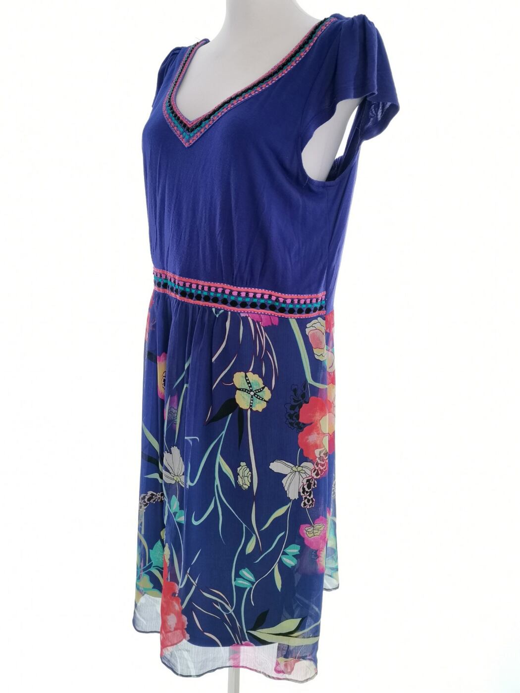 Isolde Rozmiar 42/44 Kolor Niebieski W serek Sukienka Sheath Krótki rękaw Midi