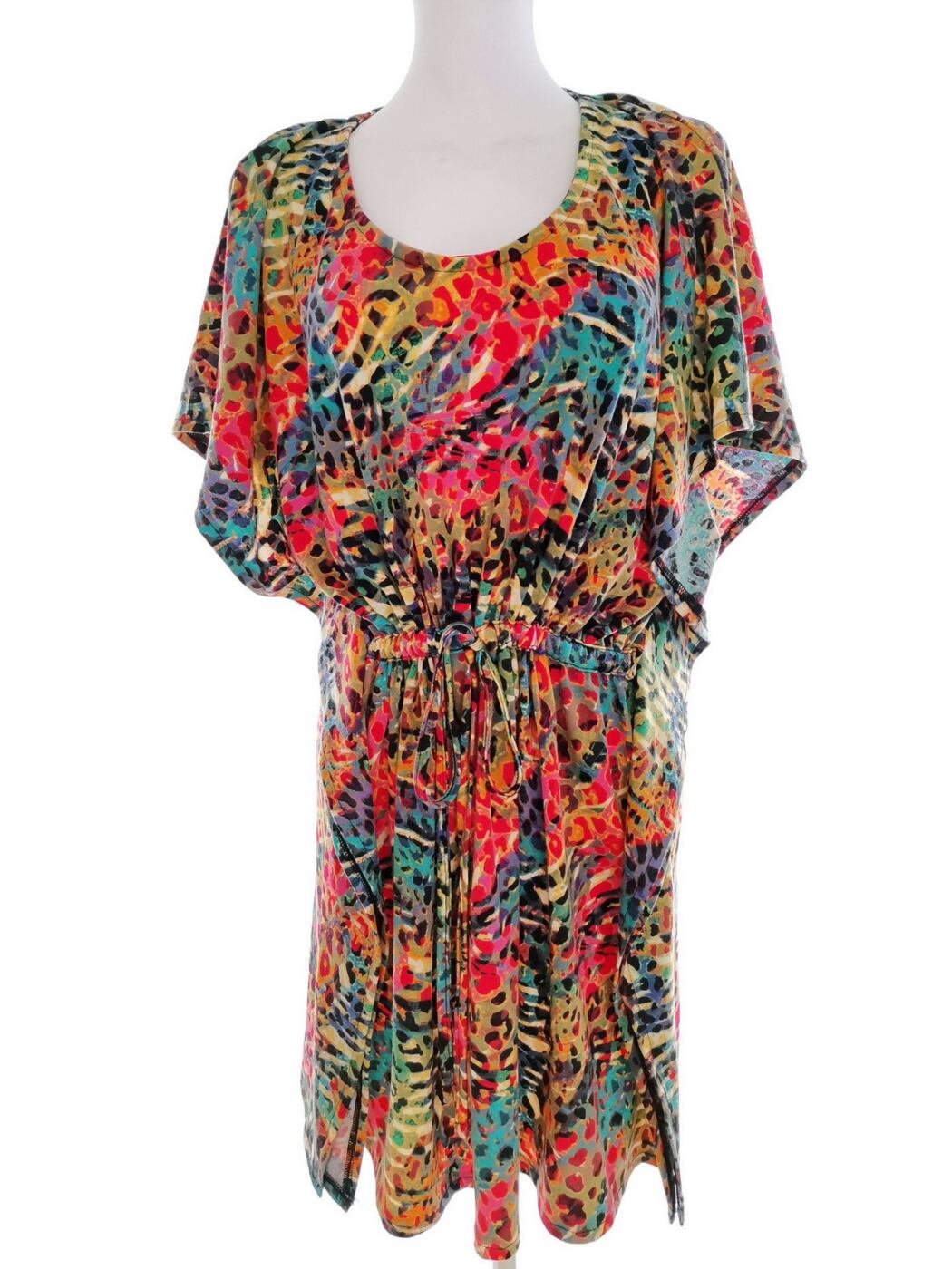 MyWear Rozmiar ONE SIZE (44/46) Kolor Kolorowa Okrągły dekolt Sukienka Blouson Krótki rękaw Do Kolan