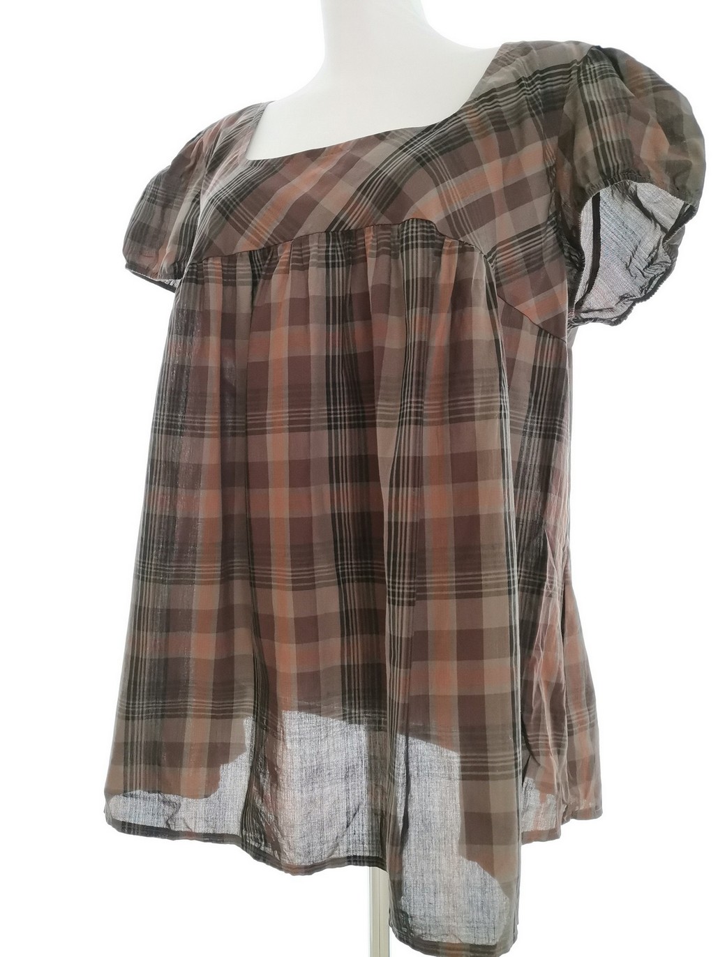 IMG_20210917_122431.jpg Moda Mothercare Rozmiar 20 (48) Kolor Brązowy Krata Kwadratowy dekolt Bluzka Krótki rękaw