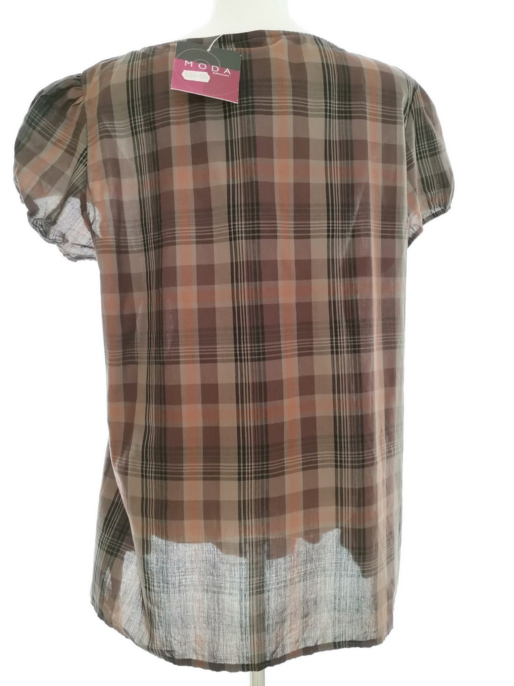 IMG_20210917_122443.jpg Moda Mothercare Rozmiar 20 (48) Kolor Brązowy Krata Kwadratowy dekolt Bluzka Krótki rękaw