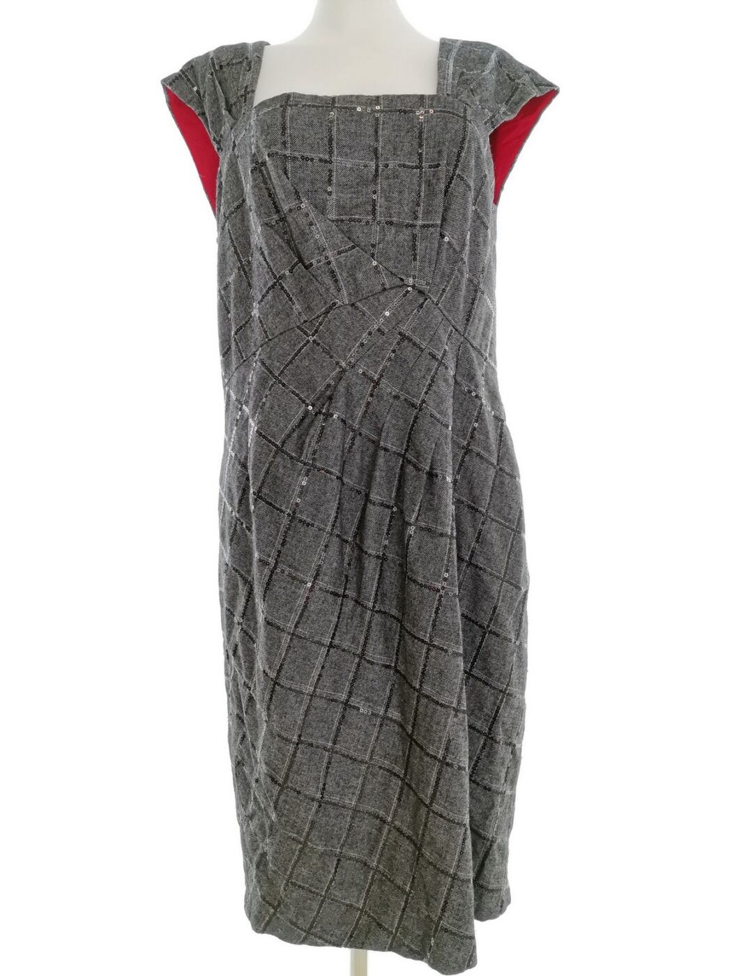 Jesire Rozmiar 16 (44) Kolor Szary Krata Kwadratowy dekolt Sukienka Sweterkowa Krótki rękaw Midi Materiał Wełna