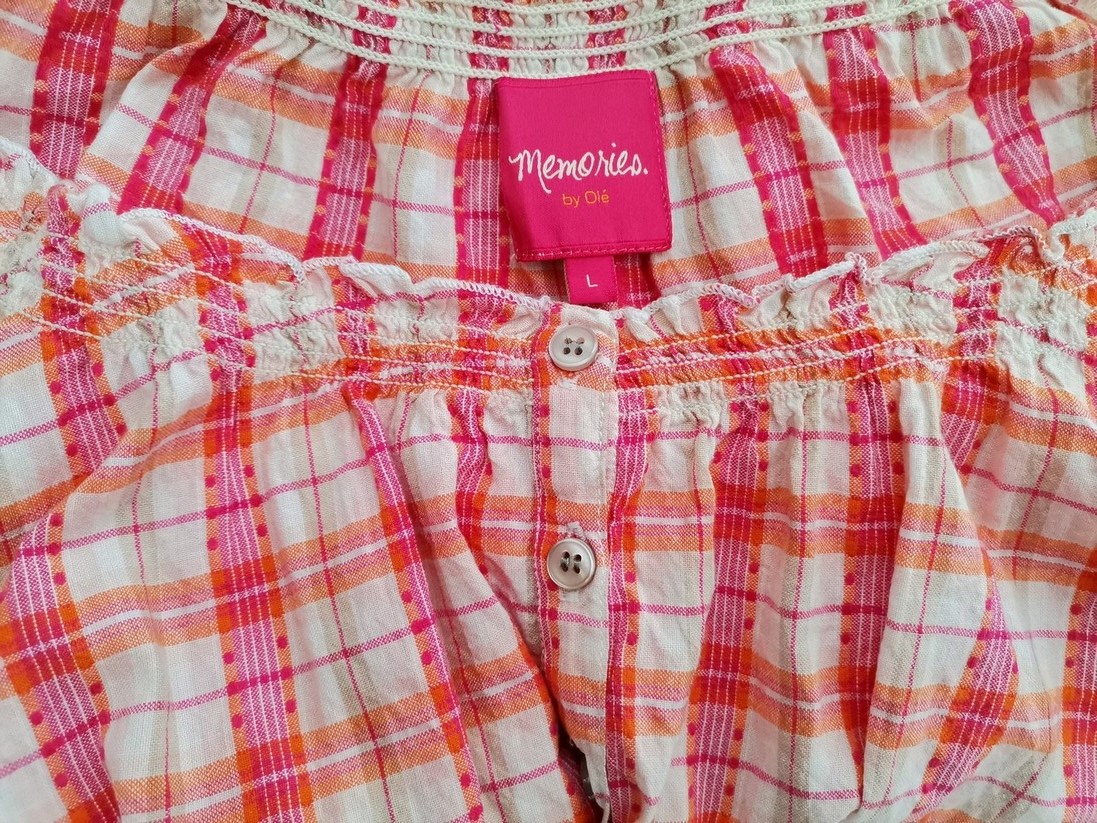 Memories Rozmiar L Kolor Pomarańczowy Krata Dekolt U Sukienka Prostokątna Krótki rękaw Do Kolan Materiał Bawełna 100%