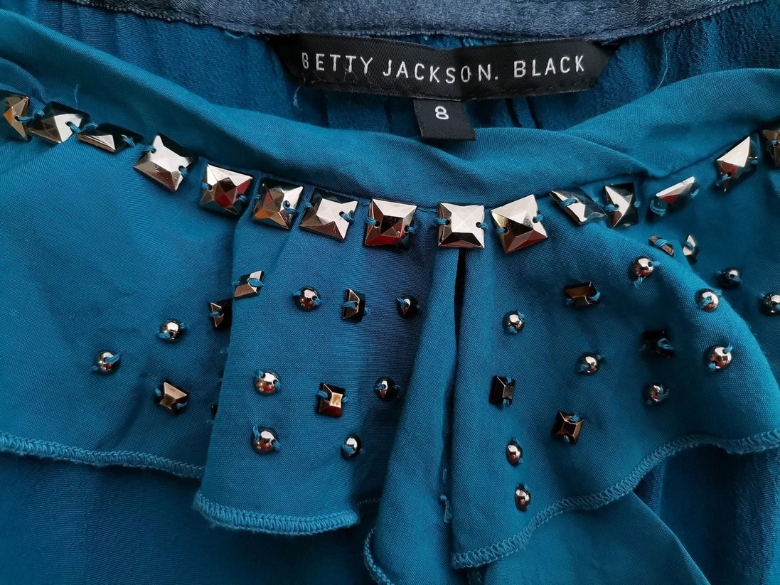 IMG_20210927_133240.jpg Betty Jackson Black Rozmiar 8 (36) Kolor Turkusowy Okrągły dekolt Bluzka Krótki rękaw Materiał Wiskoza 100%