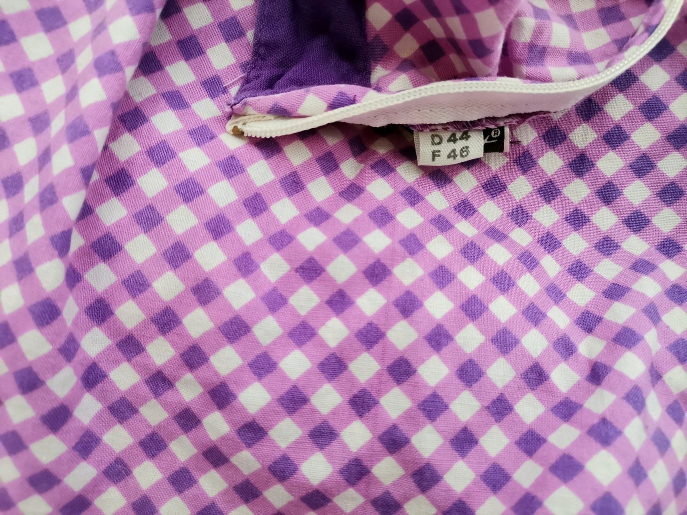 Vintage Rozmiar 44 Kolor Fioletowy Krata Odkryte Ramiona Sukienka A-Line Bezrękawnik Midi Materiał Bawełna