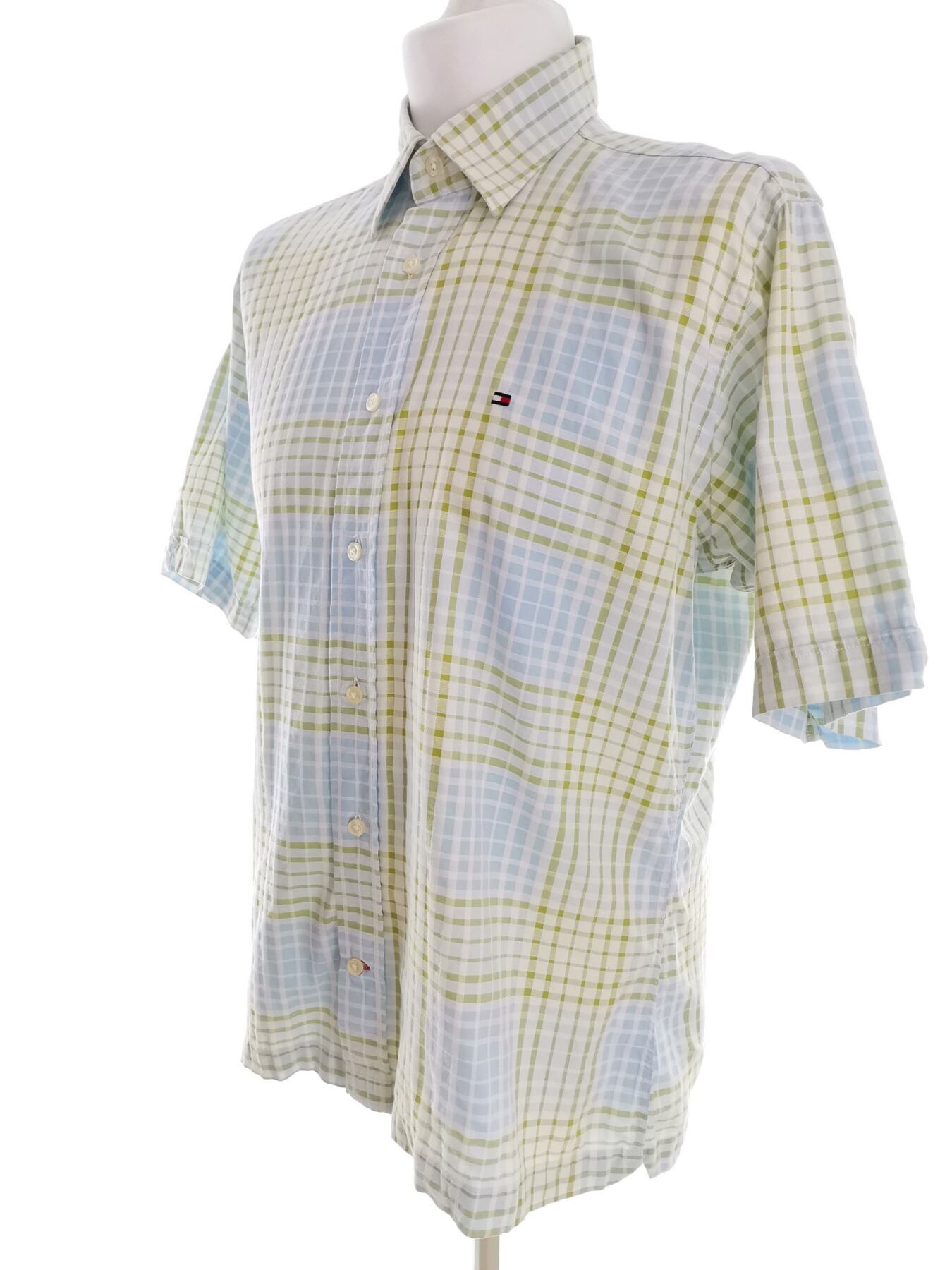 IMG_20210930_102412.jpg Tommy hilfiger Rozmiar M Kolor Niebieski Krata Kołnierz Męska Koszula Casual Krótki rękaw Materiał Bawełna 100%