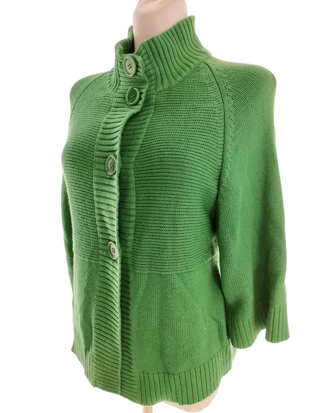 IMG_20210930_135929.jpg Bianca Rozmiar 38 Kolor Zielony High Neck Kardigan Zapinany Rękaw 3/4 Materiał Bawełna Cienka dzianina