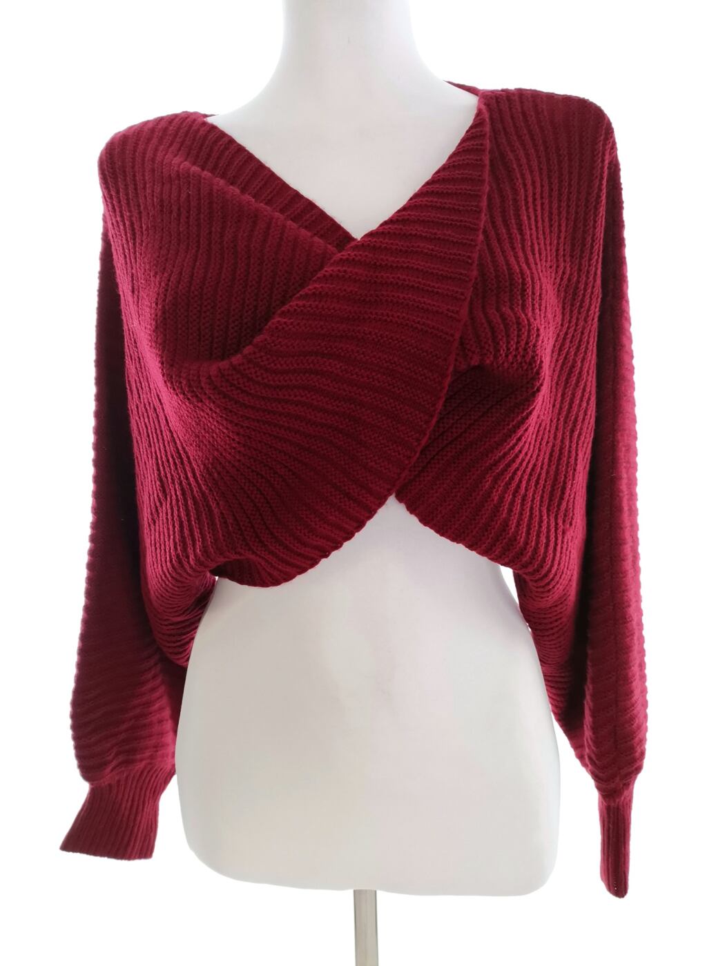 ZAFUL Rozmiar 6 (38) Kolor Bordowy W serek Crop Sweter Długi rękaw Materiał Akryl Gruba dzianina