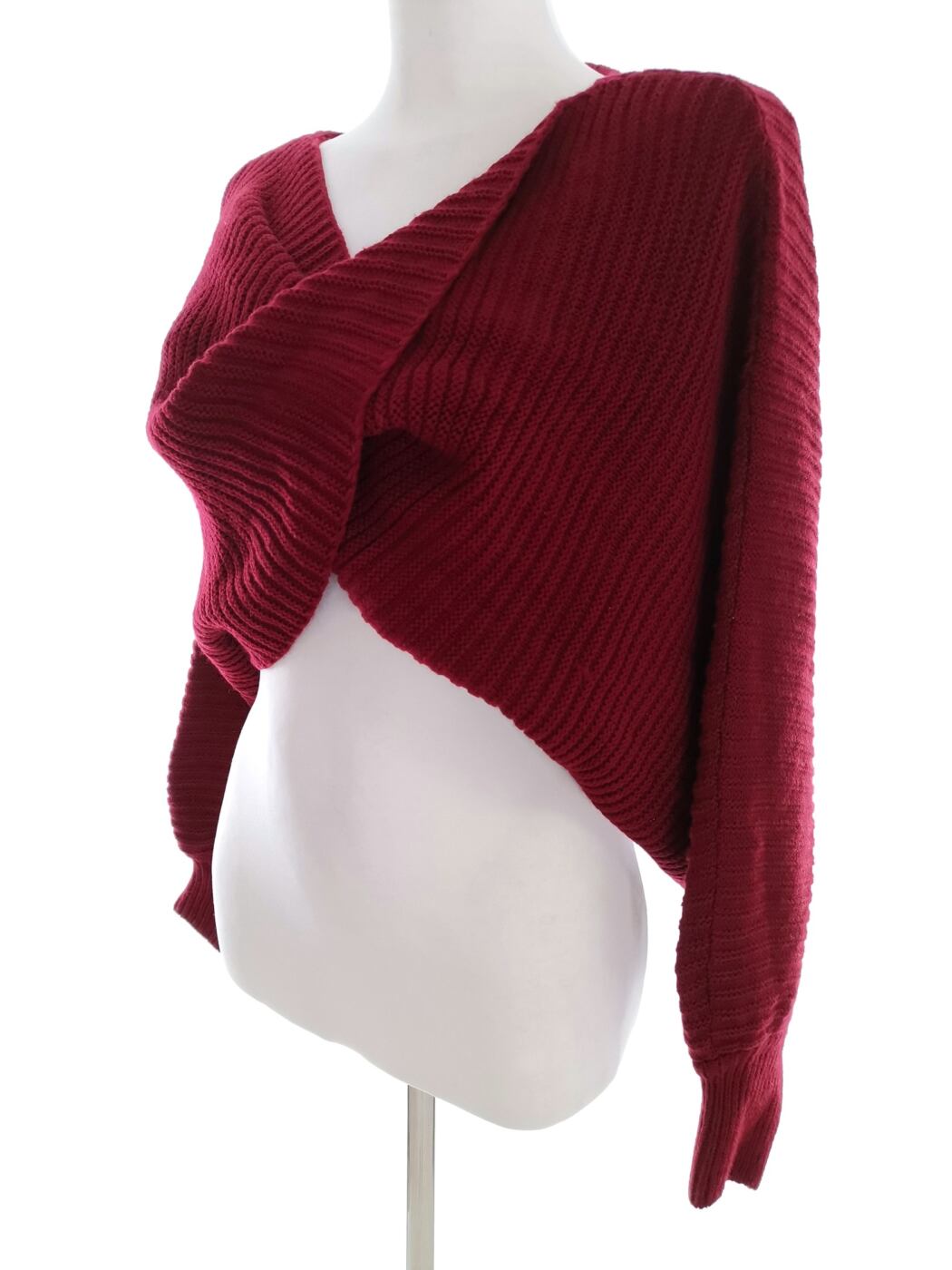 ZAFUL Rozmiar 6 (38) Kolor Bordowy W serek Crop Sweter Długi rękaw Materiał Akryl Gruba dzianina