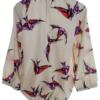 Monsoon Rozmiar M Kolor Beżowy Ptaki Split Crew Neck Bluzka Popover Guziki Rękaw 3/4